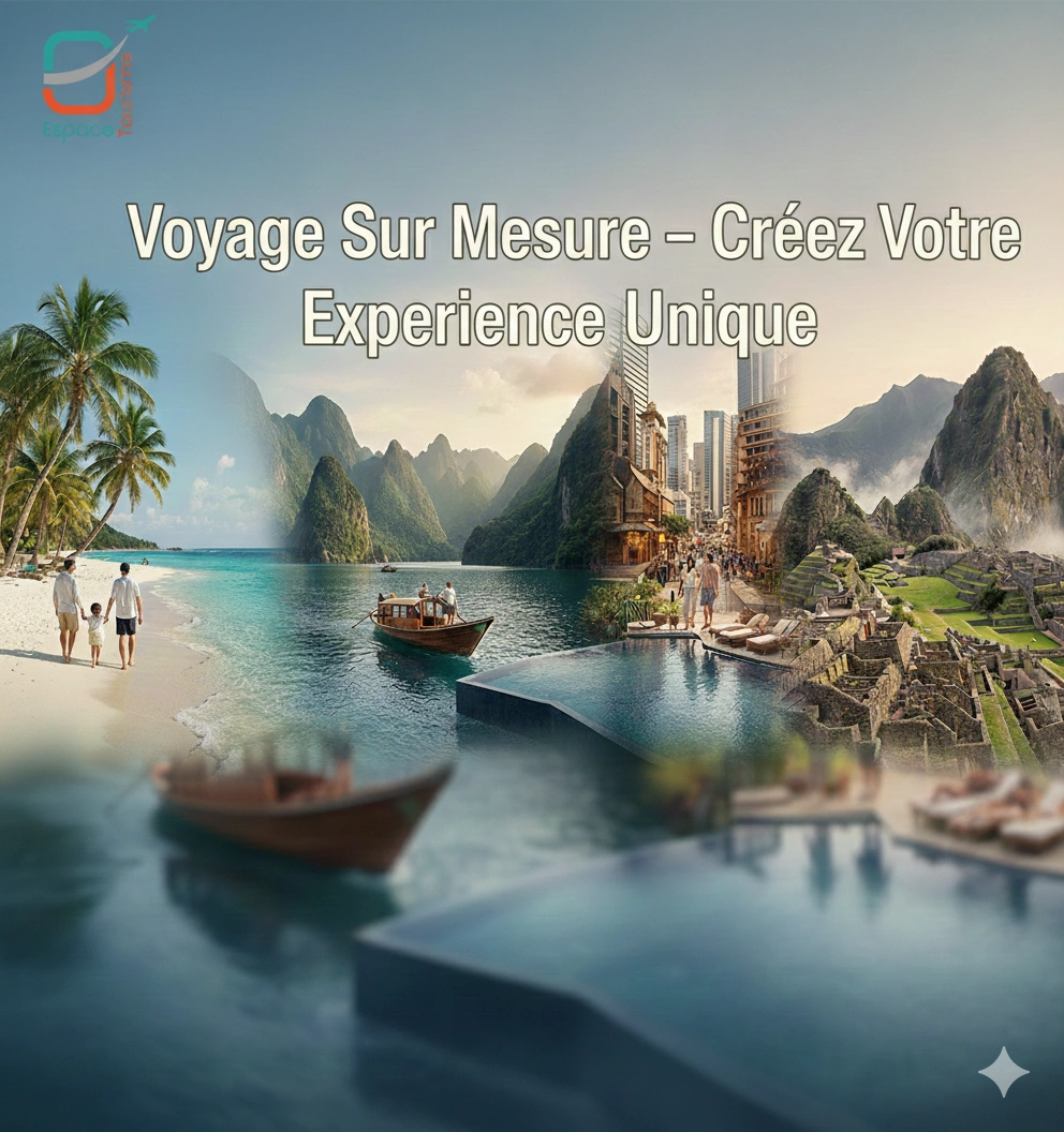 Voyage Sur Mesure – Créez Votre Expérience Unique Paragraphe commercial Chez Espace Tourisme, chaque voyage est pensé pour vous offrir une expérience unique et personnalisée. Que vous rêviez d’aventures exotiques, de séjours luxueux ou de découvertes culturelles, nous concevons votre itinéraire sur mesure selon vos envies, votre rythme et votre budget. Profitez de conseils d’experts, de services exclusifs et d’un accompagnement complet pour transformer chaque étape de votre voyage en un moment inoubliable. Avec nous, votre rêve devient réalité, sans compromis.